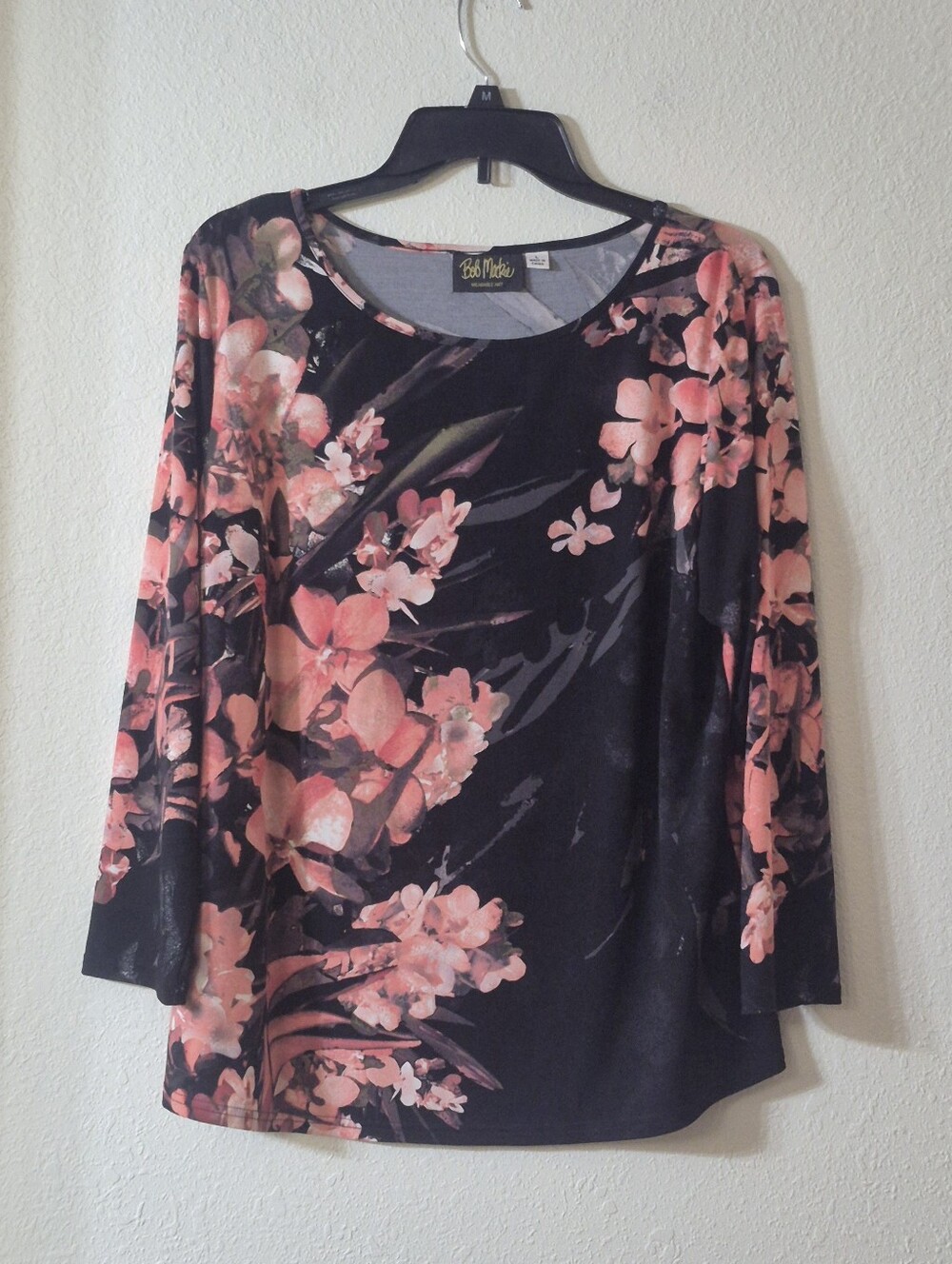 Bob Mackie Black Long-Sleeve Top with Pink Floral Motif